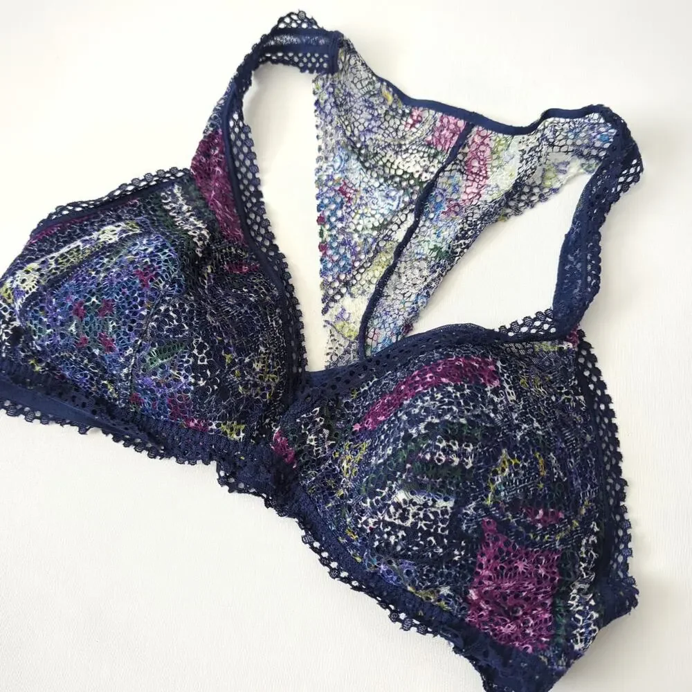 Victoria's Secret Women's Bralette Lace Bra Large Blue Purple Racerback Romantic